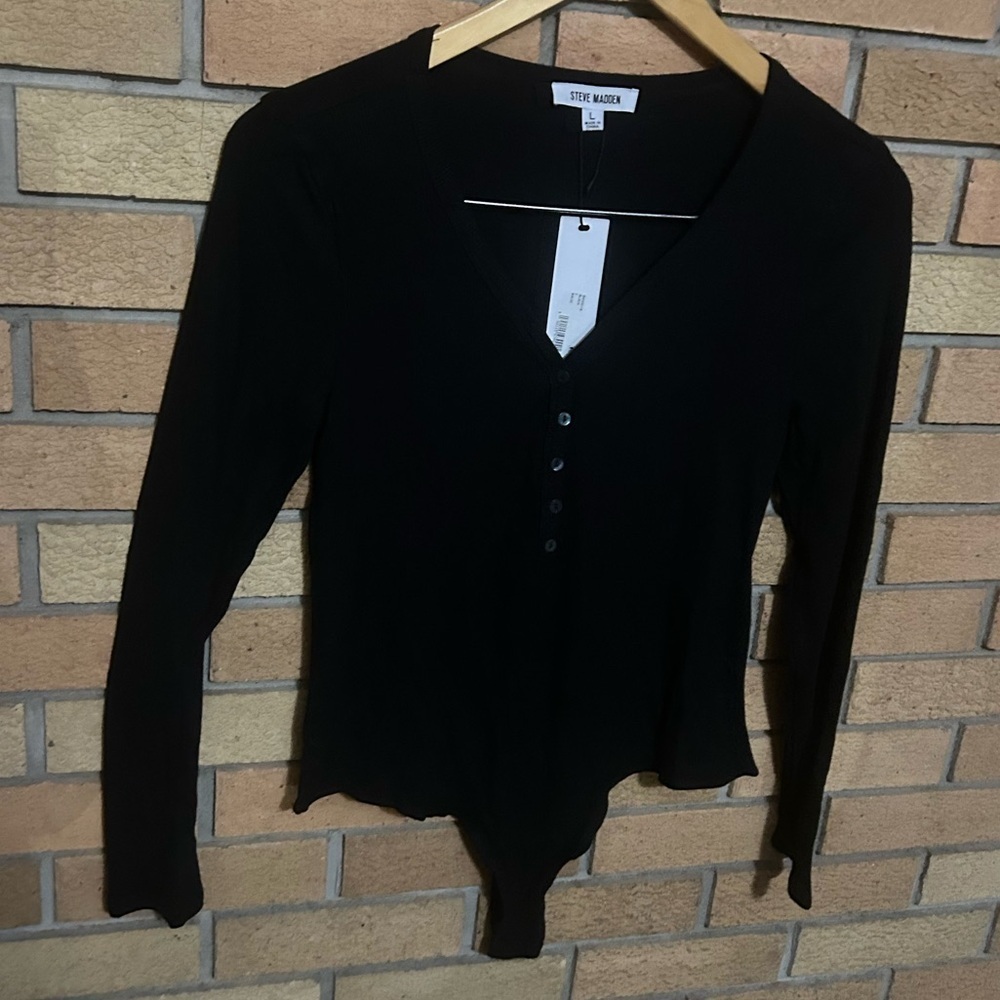 NWT Steve Madden Womens Solid Henley Ribbed Long Sleeve Bodysuit Black Size L